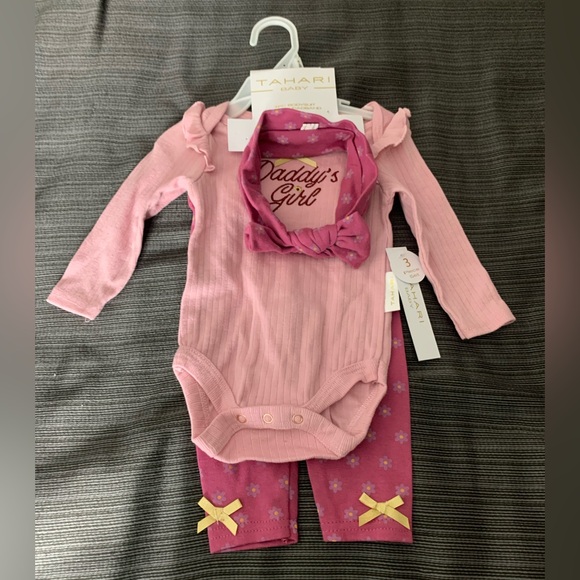 New Tahari Baby Daddy’s Girl Set Bundle 3 pieces Bodysuit Pants Headband Pink - Picture 1 of 6